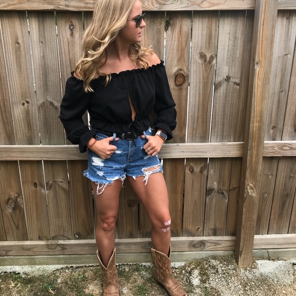 Nasty Gal Tops - Black Off The Shoulder Ruffle Crop Top